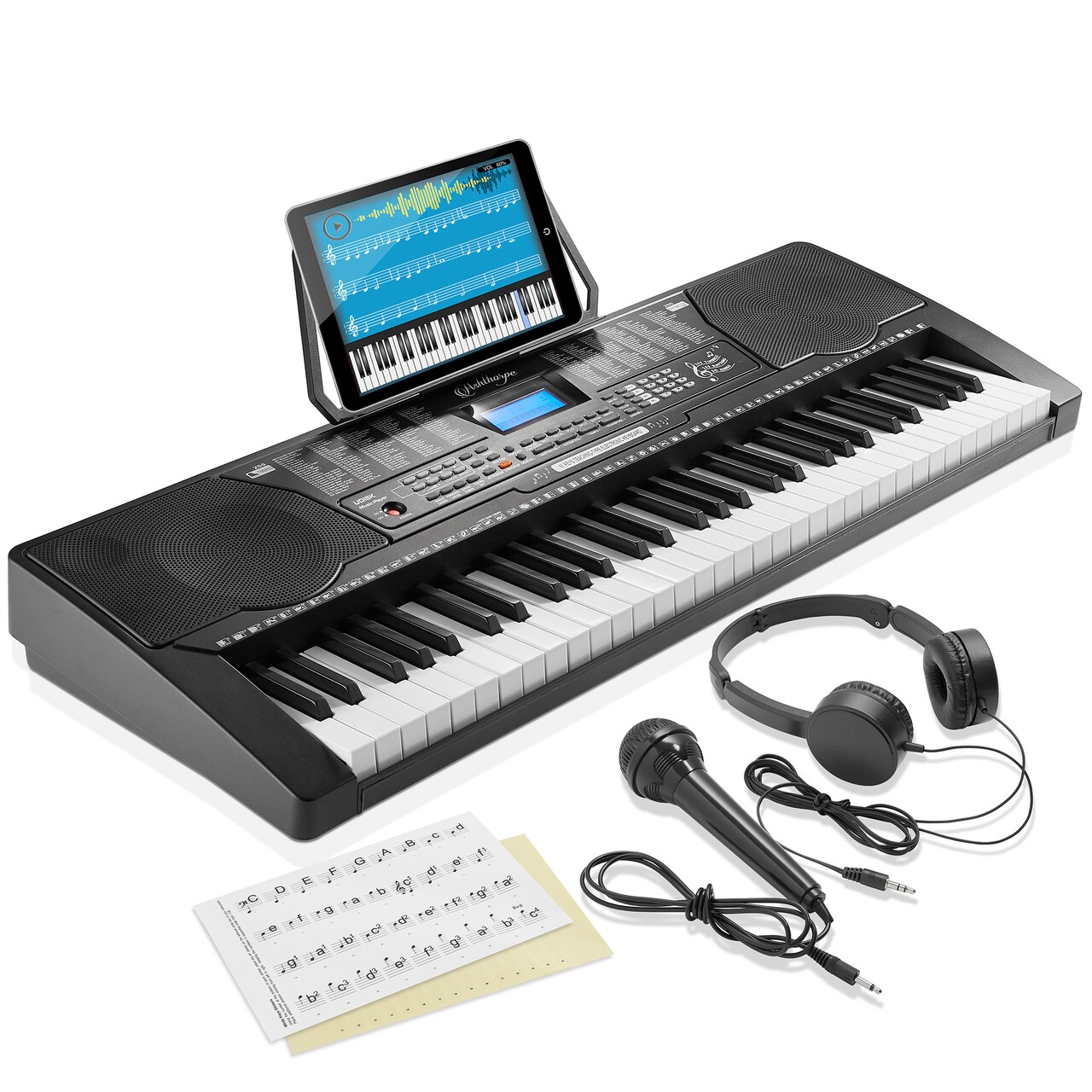 Ashthorpe 61-Key Digital Electronic Keyboard Piano with Full-Size Keys for Beginners, Includes Headphones, Mic and Keynote Stickers
